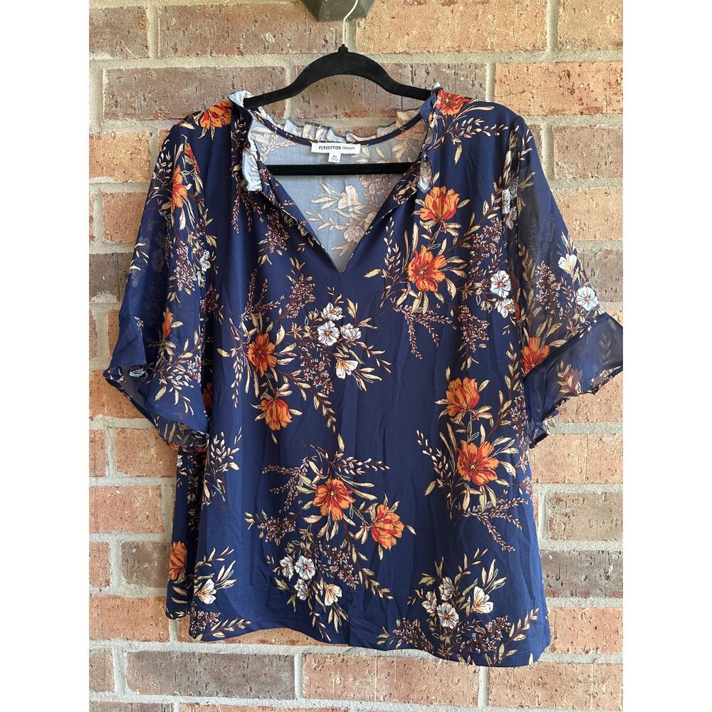 Perseption Concept Women's Blue Floral Spilt V-Neck Short Sleeve Blouse Size XL